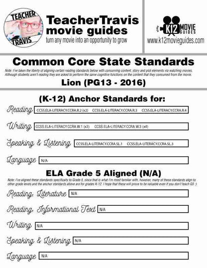 Lion Movie Guide | Questions | Worksheet (PG13 - 2016) CCSS Alignment