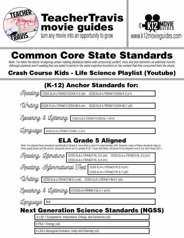 Crash Course Kids - Life Science Playlist Youtube Guide | Questions | Worksheet CCSS & NGSS Alignment
