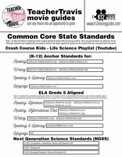 Crash Course Kids - Life Science Playlist Youtube Guide | Questions | Worksheet CCSS & NGSS Alignment