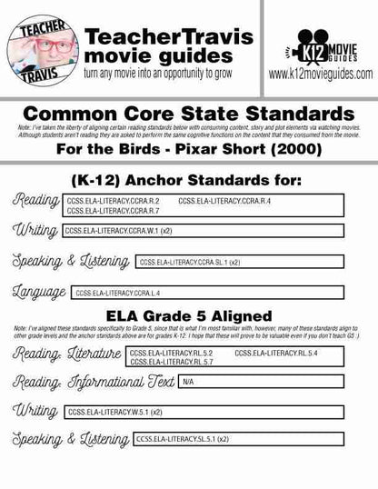 For the Birds (2000) - Pixar Short Video Guide | Questions | Worksheet | Google | CCSS