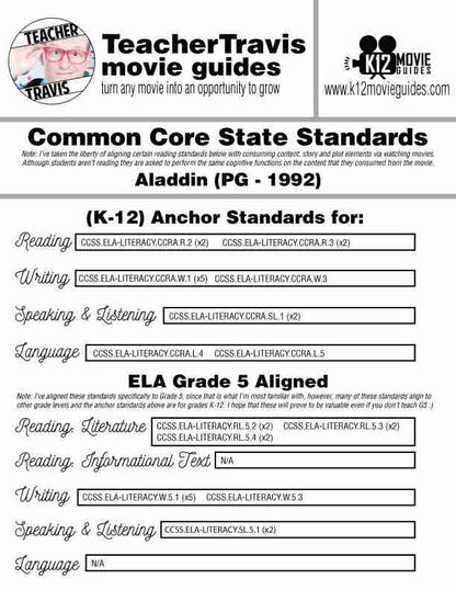 Aladdin Movie Guide | Questions | Worksheet (G - 1992) CCSS Alignment