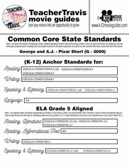 George and A.J. Pixar Short Video Guide | Questions | Worksheet | Google (2009) CCSS