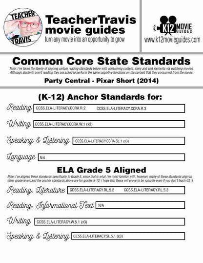 Party Central Pixar Short Video Guide | Questions | Worksheet (PG - 2014) CCSS