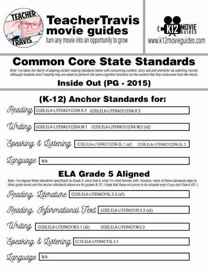 Inside Out Movie Guide | Questions | Worksheet (PG - 2015) CCSS Alignment