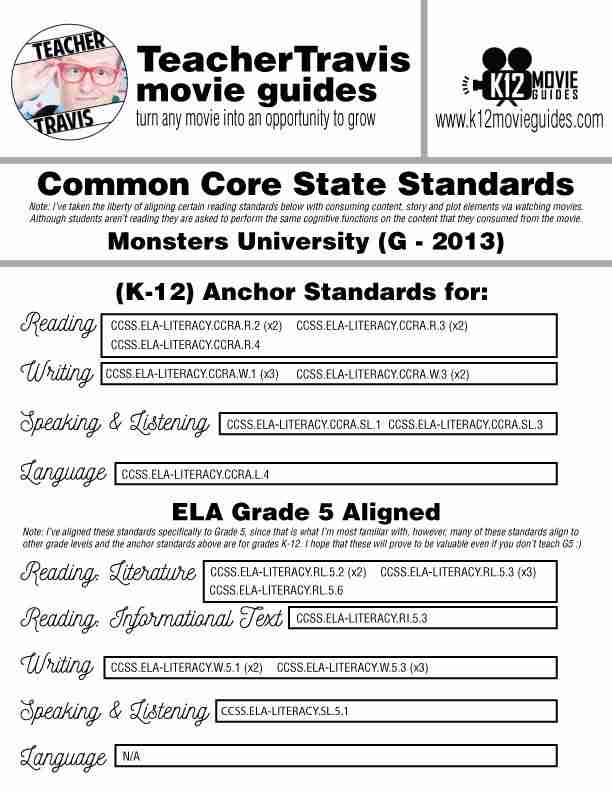 Monsters University Movie Guide | Questions | Worksheet (G - 2013) CCSS Alignment