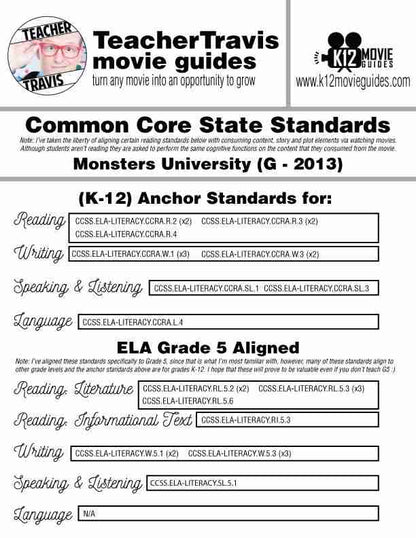 Monsters University Movie Guide | Questions | Worksheet (G - 2013) CCSS Alignment