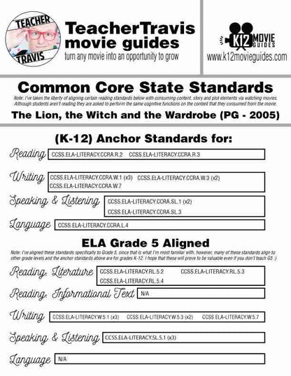 Chronicles of Narnia: The Lion, the Witch and the Wardrobe Movie Guide (PG-2005) CCSS Alignment