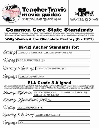 Willy Wonka & the Chocolate Factory Movie Guide | Questions |Worksheet(G - 1971) CCSS Alignment