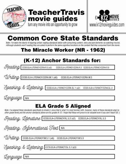 The Miracle Worker Movie Guide (Helen Keller Story) Worksheet (NR - 1962) CCSS
