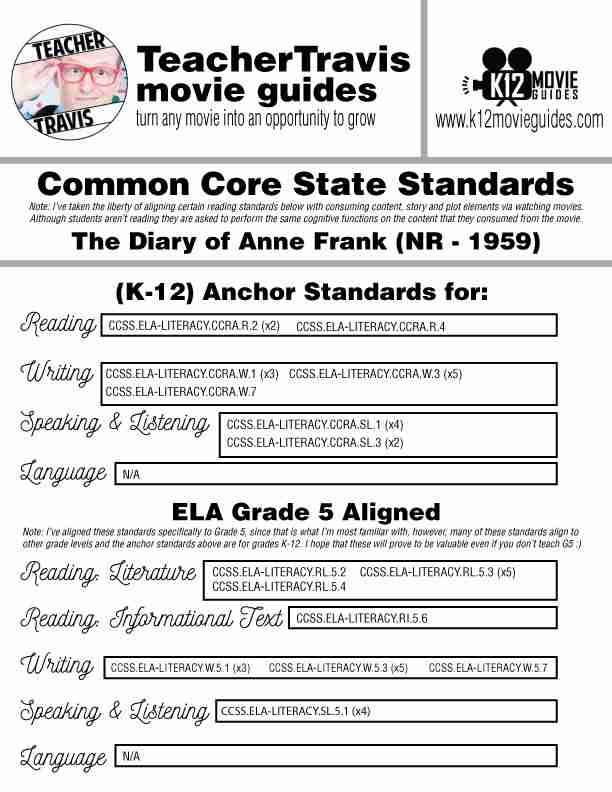 The Diary of Anne Frank Movie Guide | Questions | Worksheet (NR - 1959) CCSS Alignment