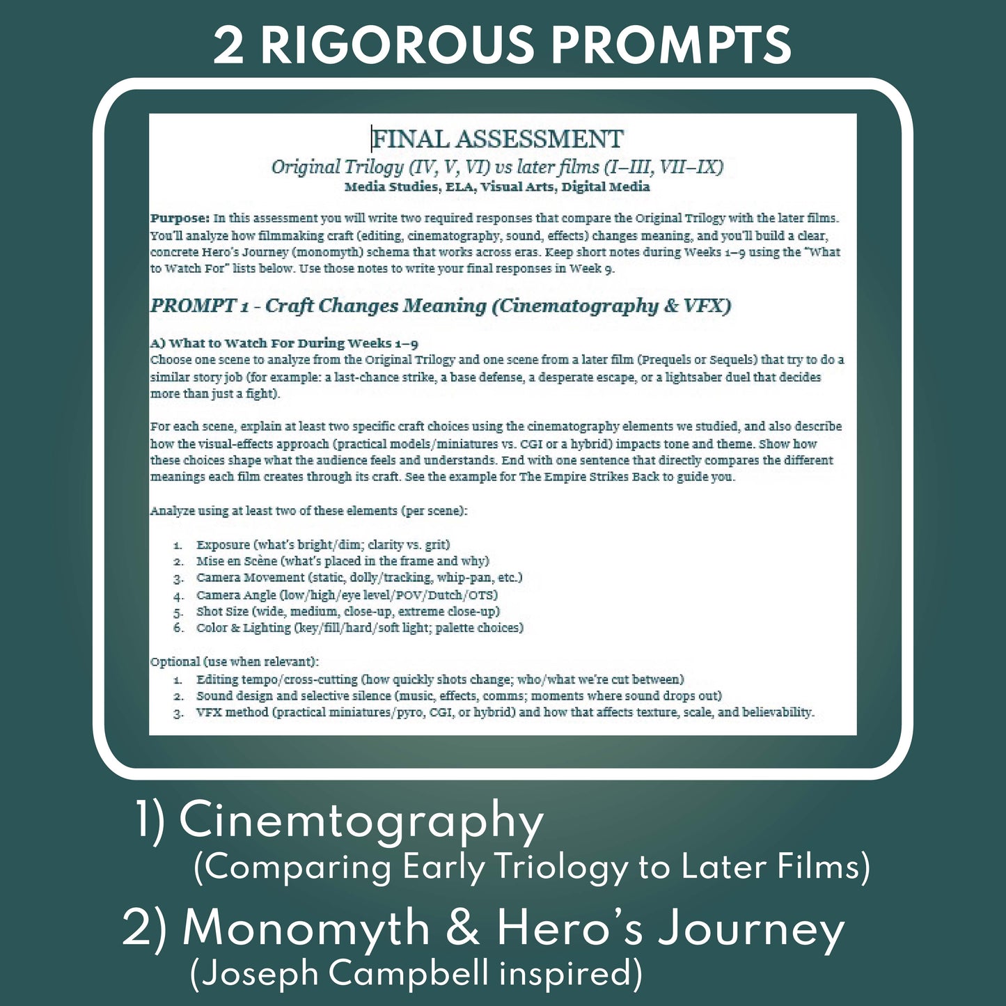 Star Wars Saga Assessment | Hero's Journey & Cinematography Focus (9 Weeks for Grades 9-12)