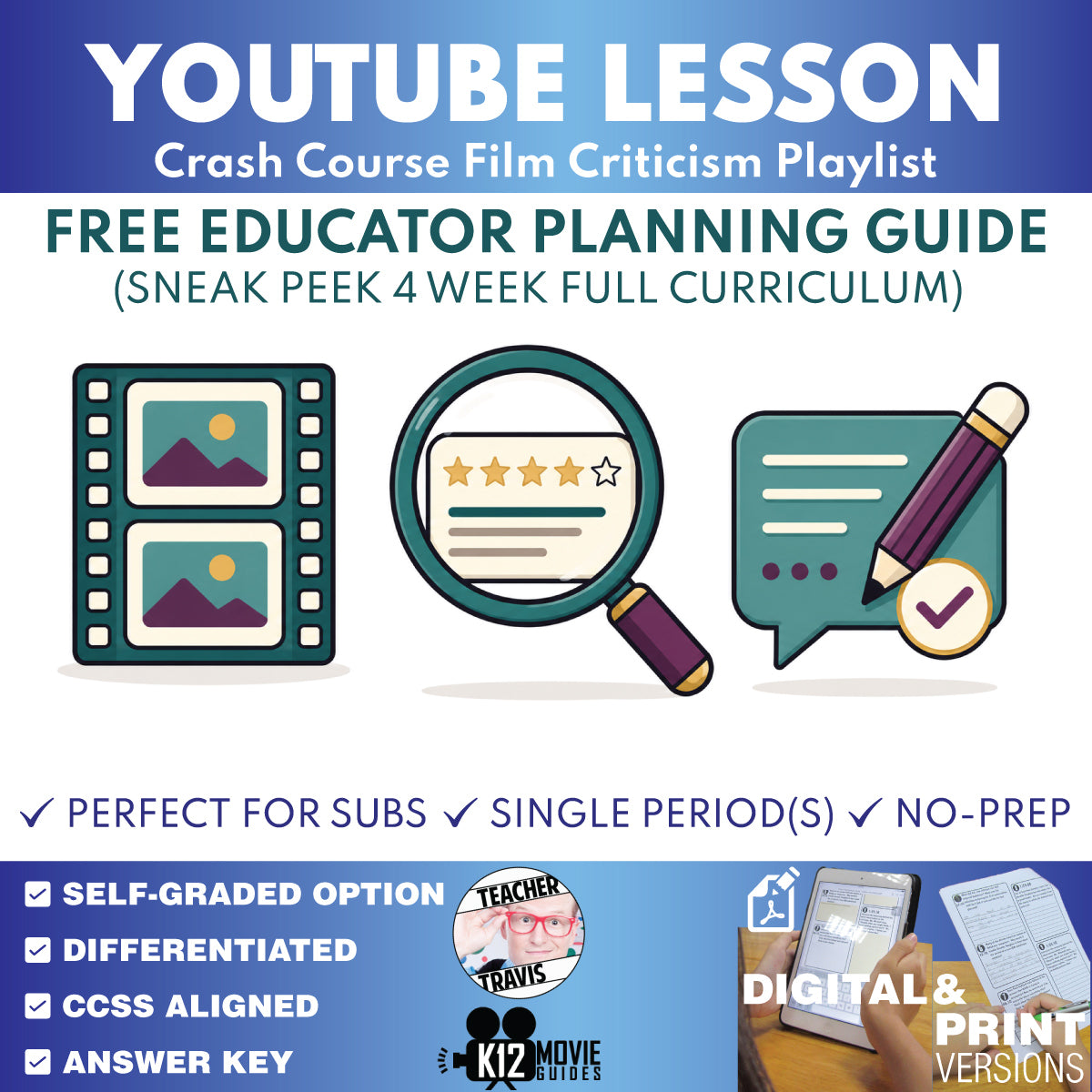 Free Crash Course Film Criticism educator planning guide cover for the 4-week grades 9–12 curriculum