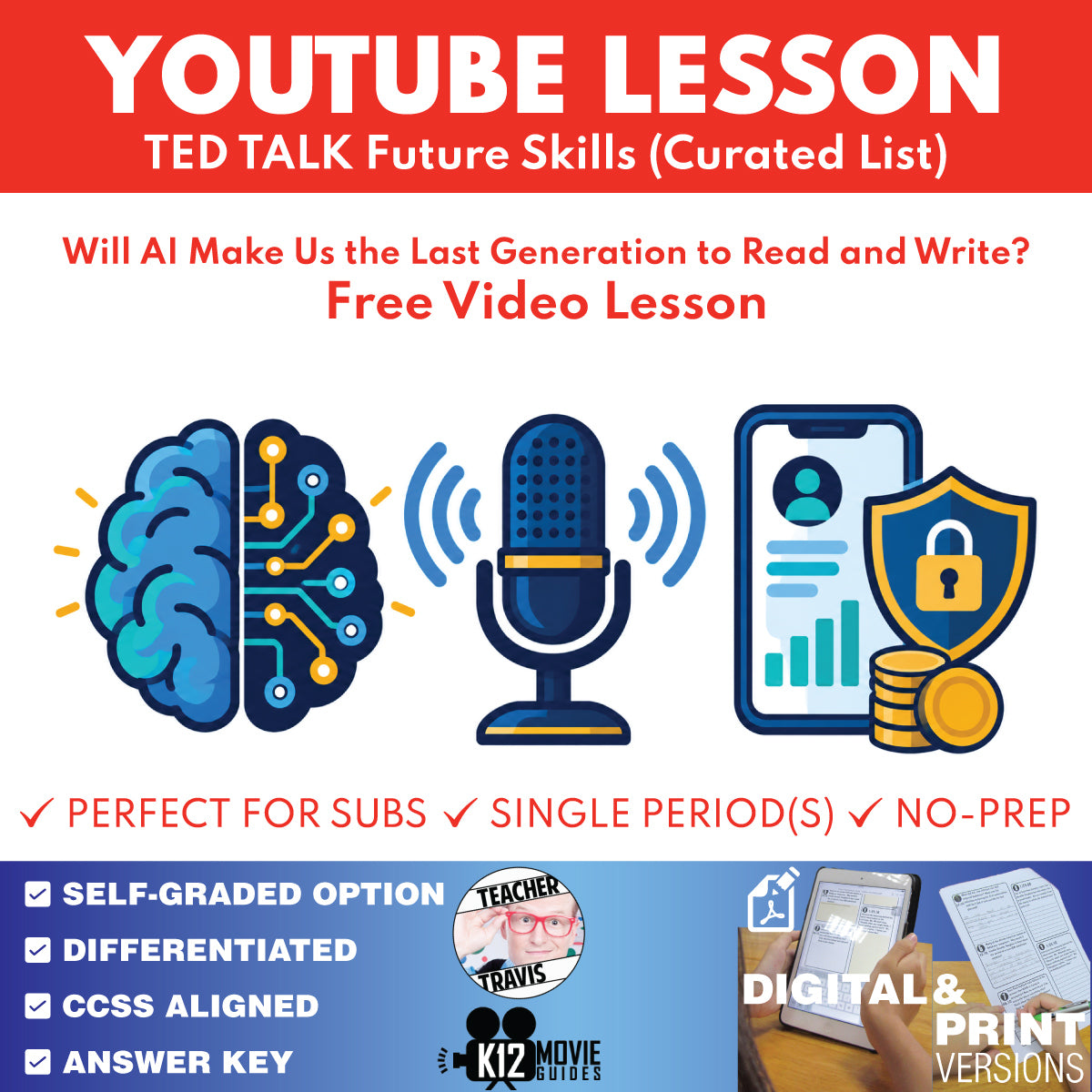 FREE TED Talk Future Skills AI literacy video lesson cover for grades 9–12