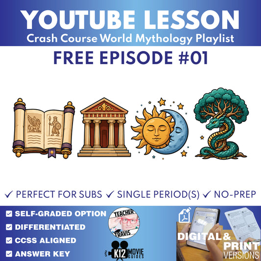 Free Crash Course World Mythology #1 What Is Myth worksheet and video lesson cover for grades 8–12