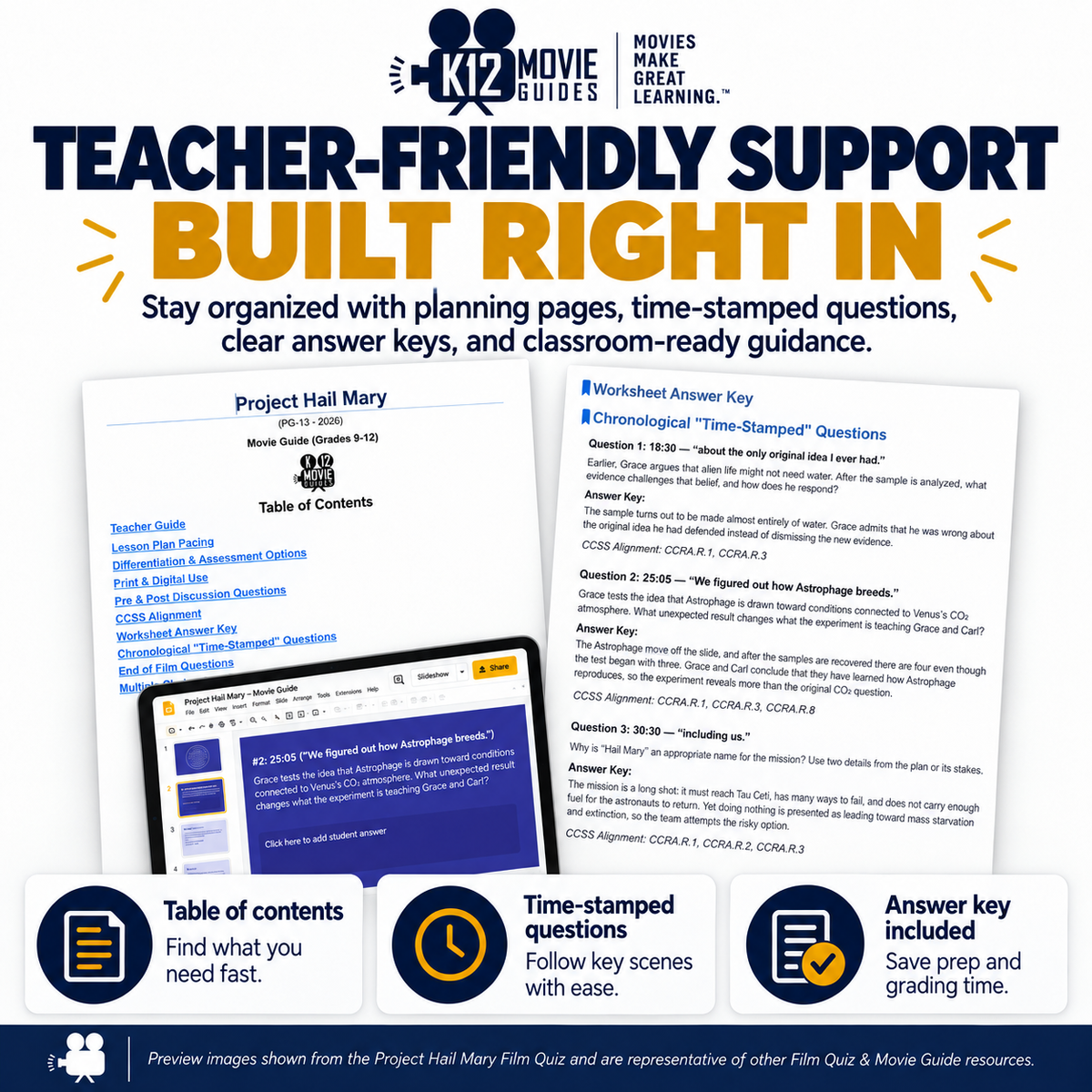 Promotional graphic for a K12 Movie Guides Teacher-Friendly Support bundle, featuring a digital preview of a Project Hall Mary movie guide and worksheet answer key, with feature callouts and a clean white background.