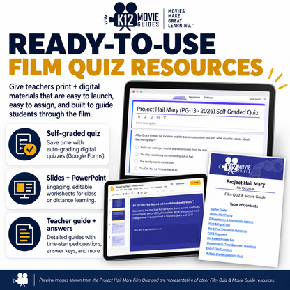 Promotional graphic for K12 Movie Guides showing 'Ready-to-Use Film Quiz Resources' with text, feature icons, and mockups of digital quiz and guide pages on a white background.