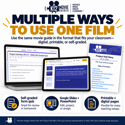 Promotional graphic for K12 Movie Guides showing multiple digital and printable versions of a film quiz guide displayed on a laptop, tablet, and phone mockup, with text reading 'Multiple Ways to Use One Film' and feature icons for self-graded quizzes, Google Slides + PowerPoint, and printable digital pages.