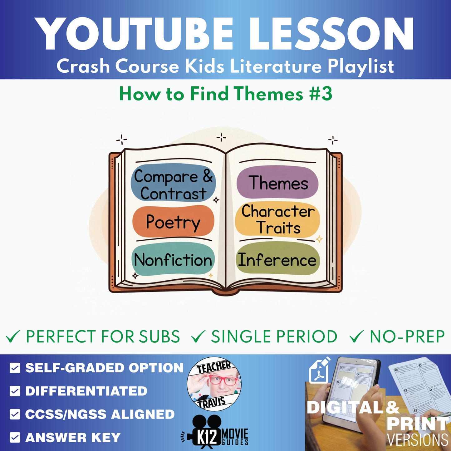 How to Find Themes | Crash Course Kids YouTube Video Lesson | No-Prep