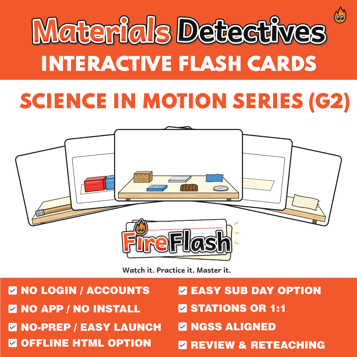 FireFlash | Materials Detectives: Observe, Test & Sort | Grade 2 Animated Science Cards | FREE