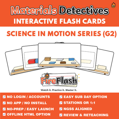 FireFlash | Materials Detectives: Observe, Test & Sort | Grade 2 Animated Science Cards | FREE