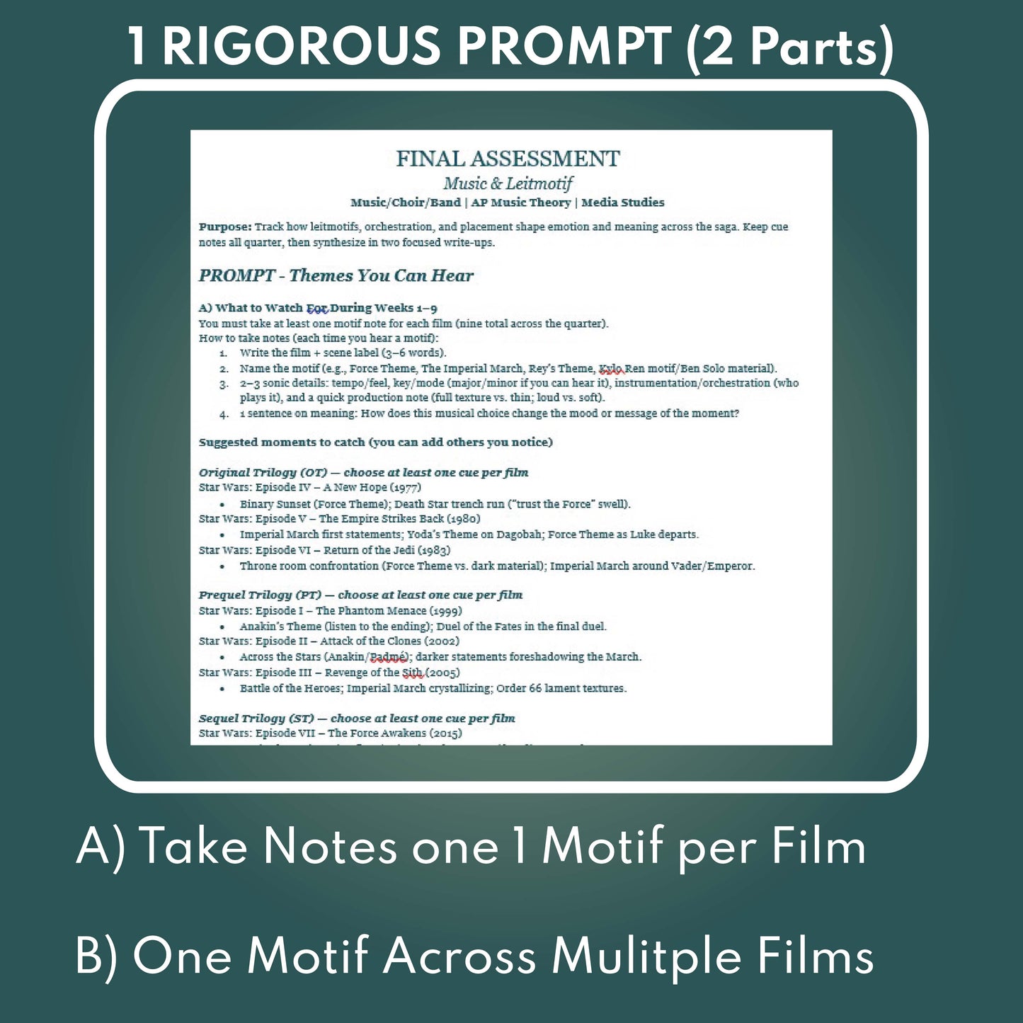 Star Wars Saga Assessment | Music & Leitmotifs Focus (9 Weeks for Grades 9-12)