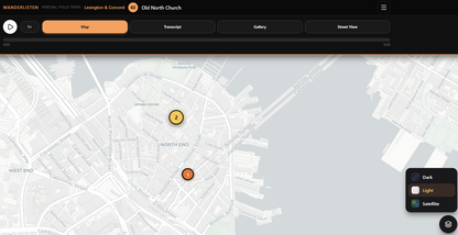 WanderListen virtual field trip interactive map with numbered tour stops