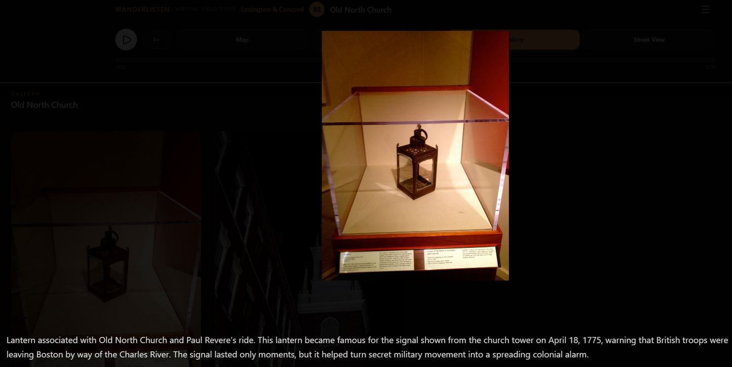WanderListen virtual field trip image gallery with a historical artifact and caption