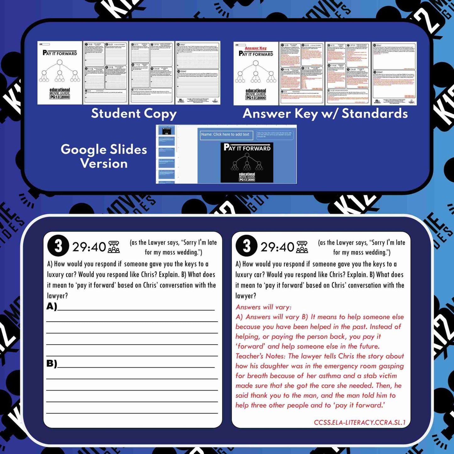 Pay It Forward Movie Guide | Worksheet | Questions (PG13 - 2000) Sample