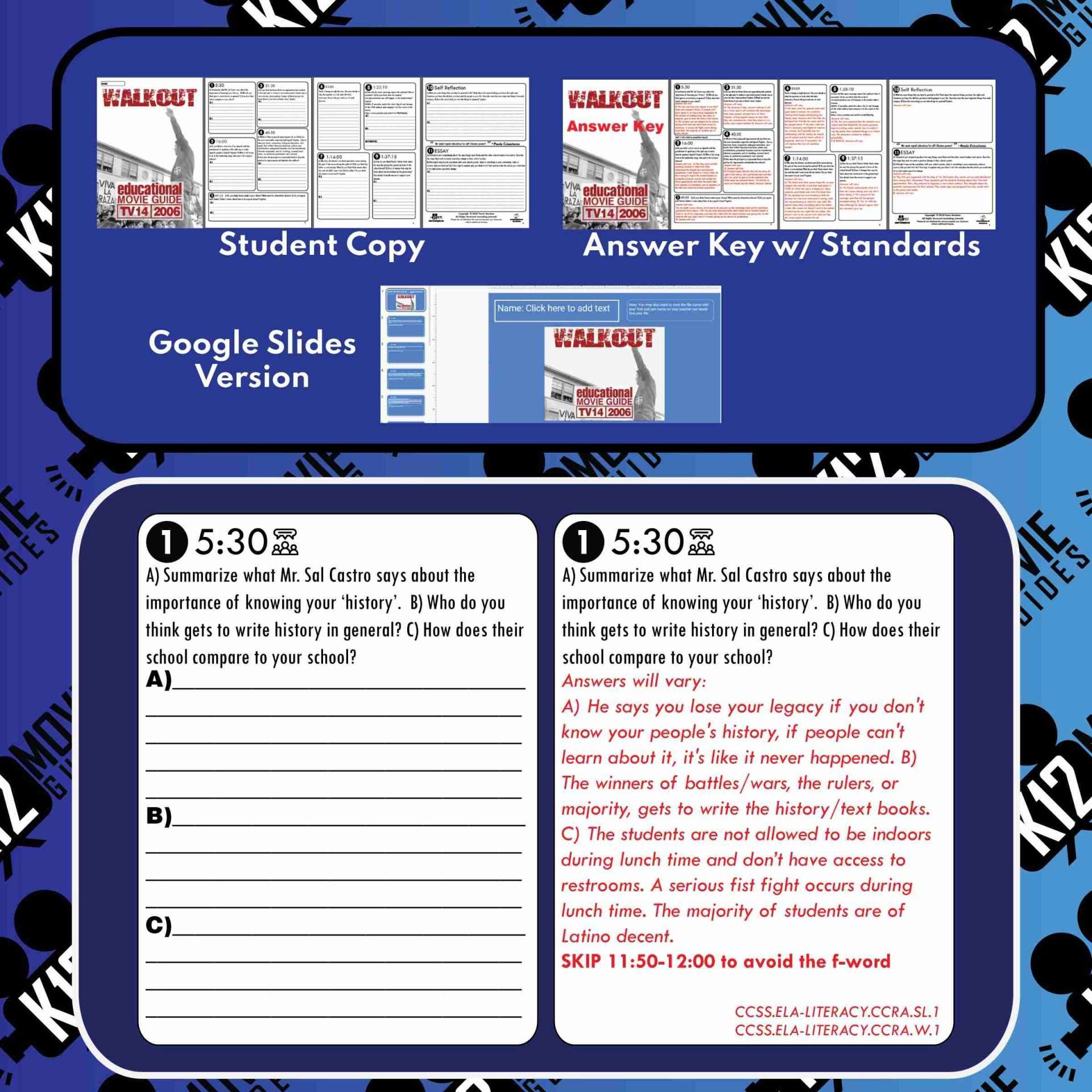 Walkout Movie Guide | Questions | Worksheet (TV14 - 2006) Sample