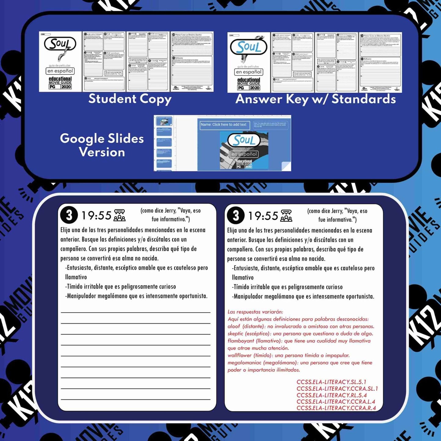 Soul Movie Guide in Spanish | Español | Alma | Worksheet | Questions (PG - 2020) | Sample