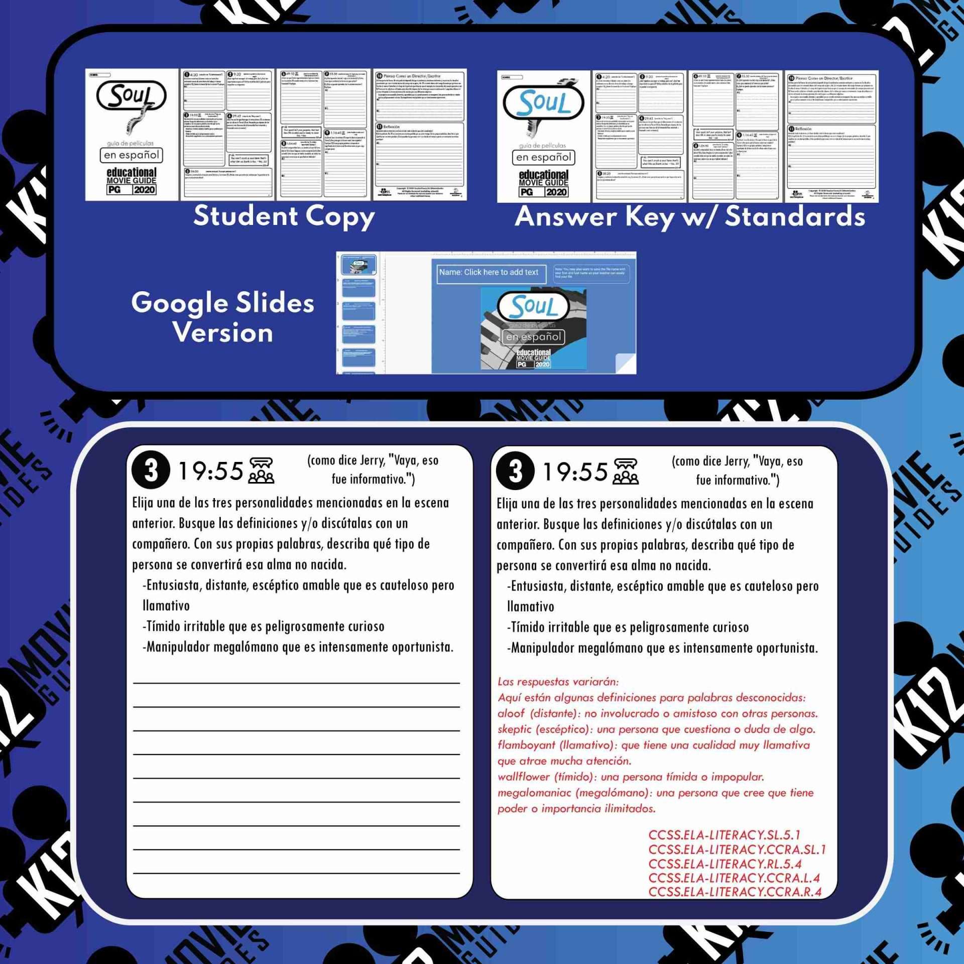 Soul Movie Guide in Spanish | Español | Alma | Worksheet | Questions (PG - 2020) | Sample