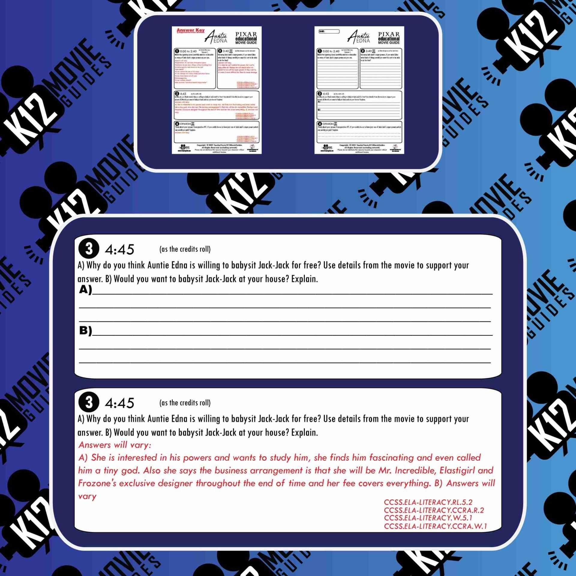 Auntie Edna Pixar Short Video Guide | Worksheet | Questions (2018) Sample