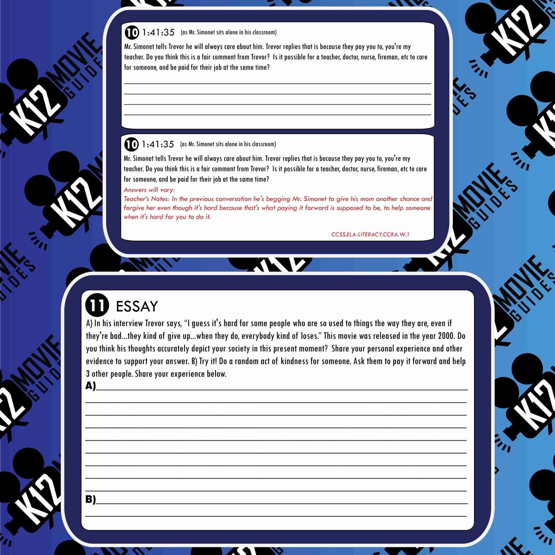 Pay It Forward Movie Guide | Worksheet | Questions (PG13 - 2000) Sample