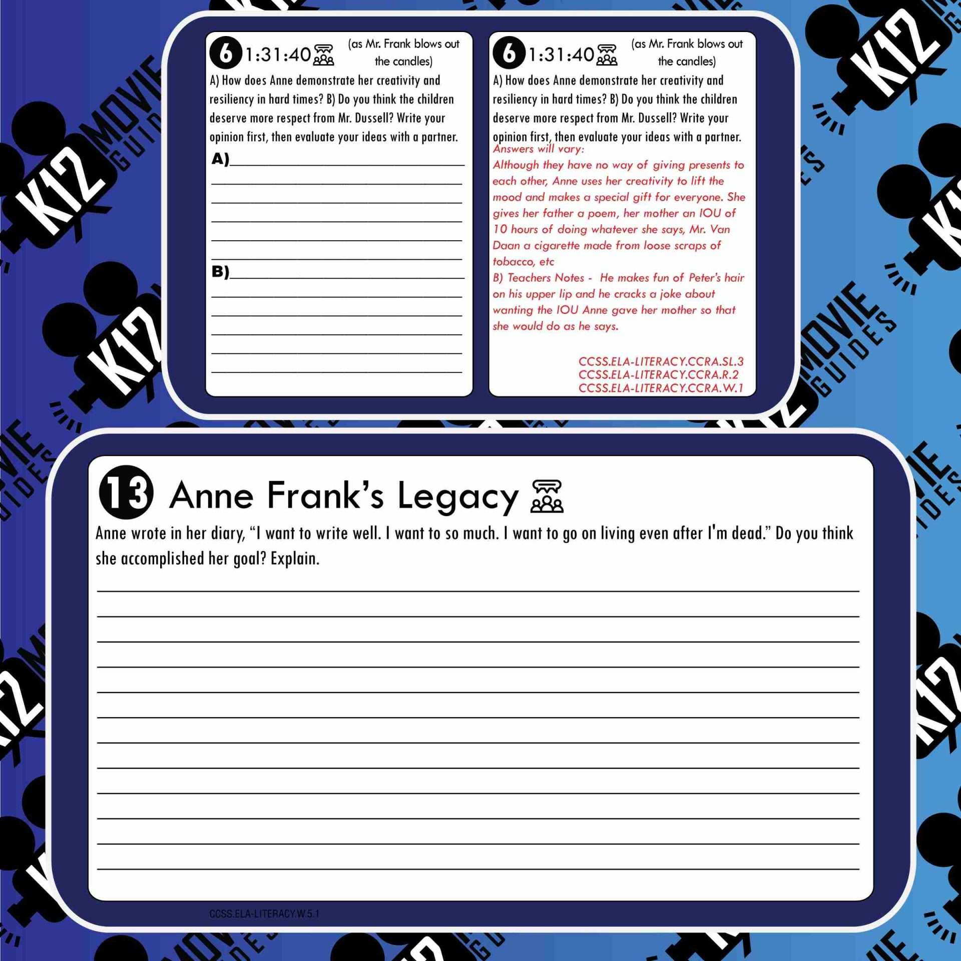 The Diary of Anne Frank Movie Guide | Questions | Worksheet (NR - 1959) Free Sample