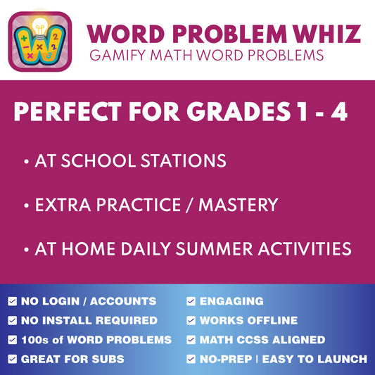 Math Word Problem Whiz | Grades 1–4 Interactive Word Problem App