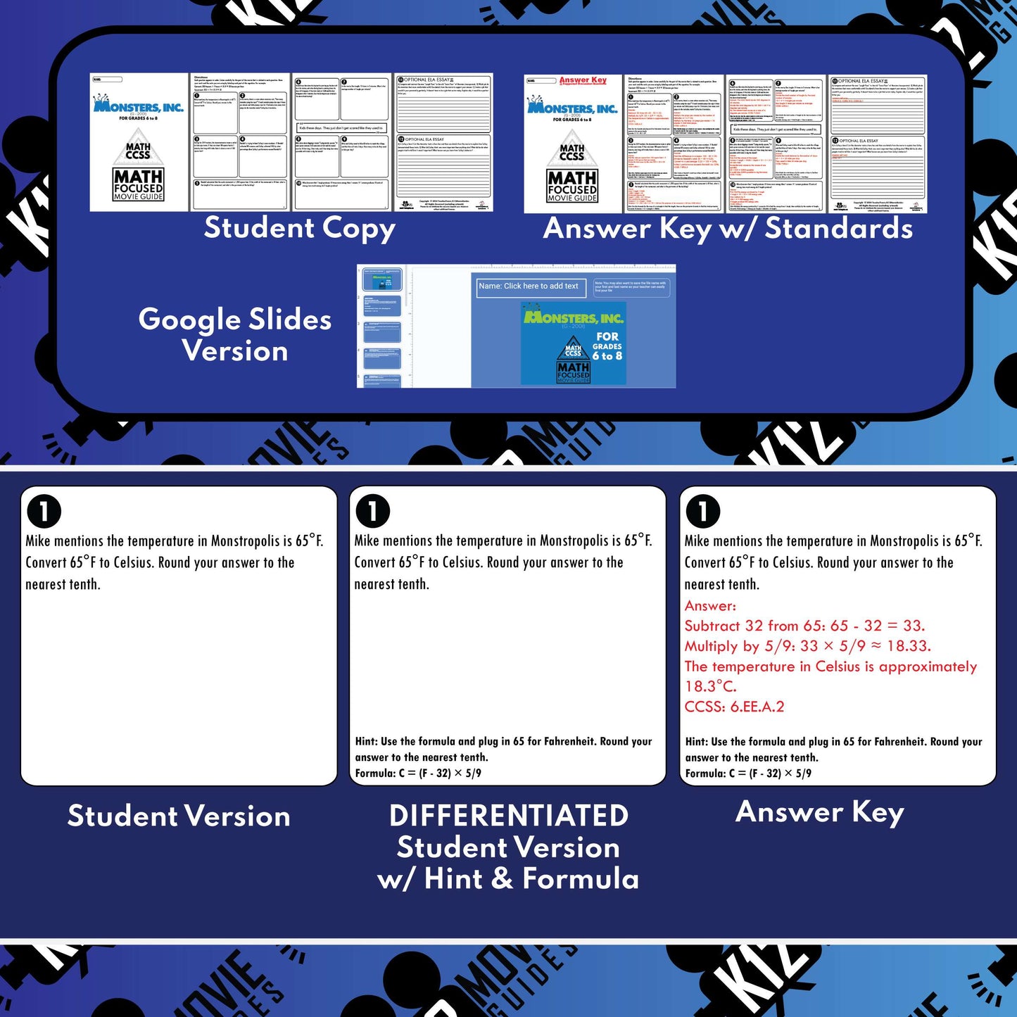 Monsters Inc Math Movie Guide Questions | Word Problems | Grades 6 to 8 Sample