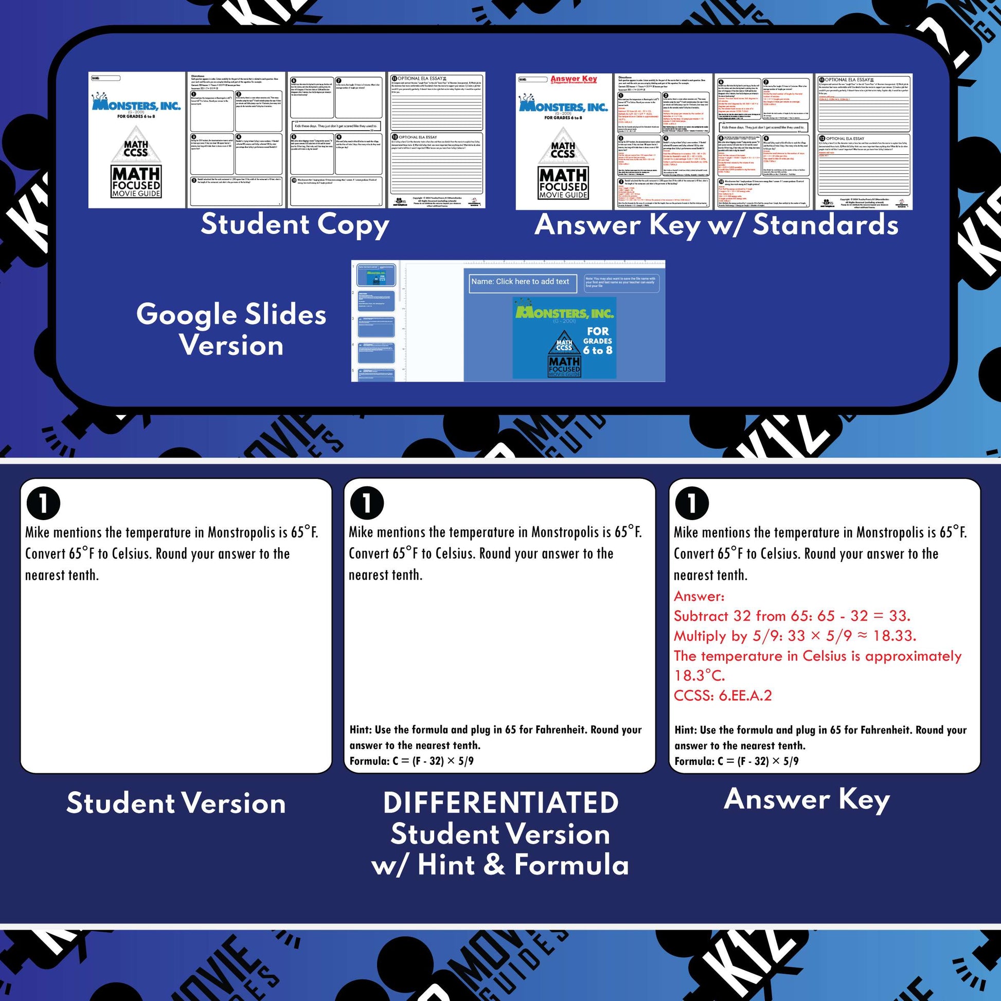 Monsters Inc Math Movie Guide Questions | Word Problems | Grades 6 to 8 Sample
