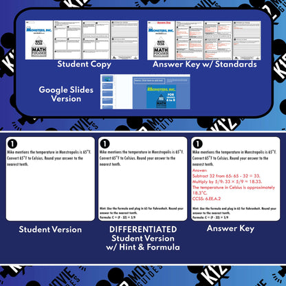 Monsters Inc Math Movie Guide Questions | Word Problems | Grades 6 to 8 Sample