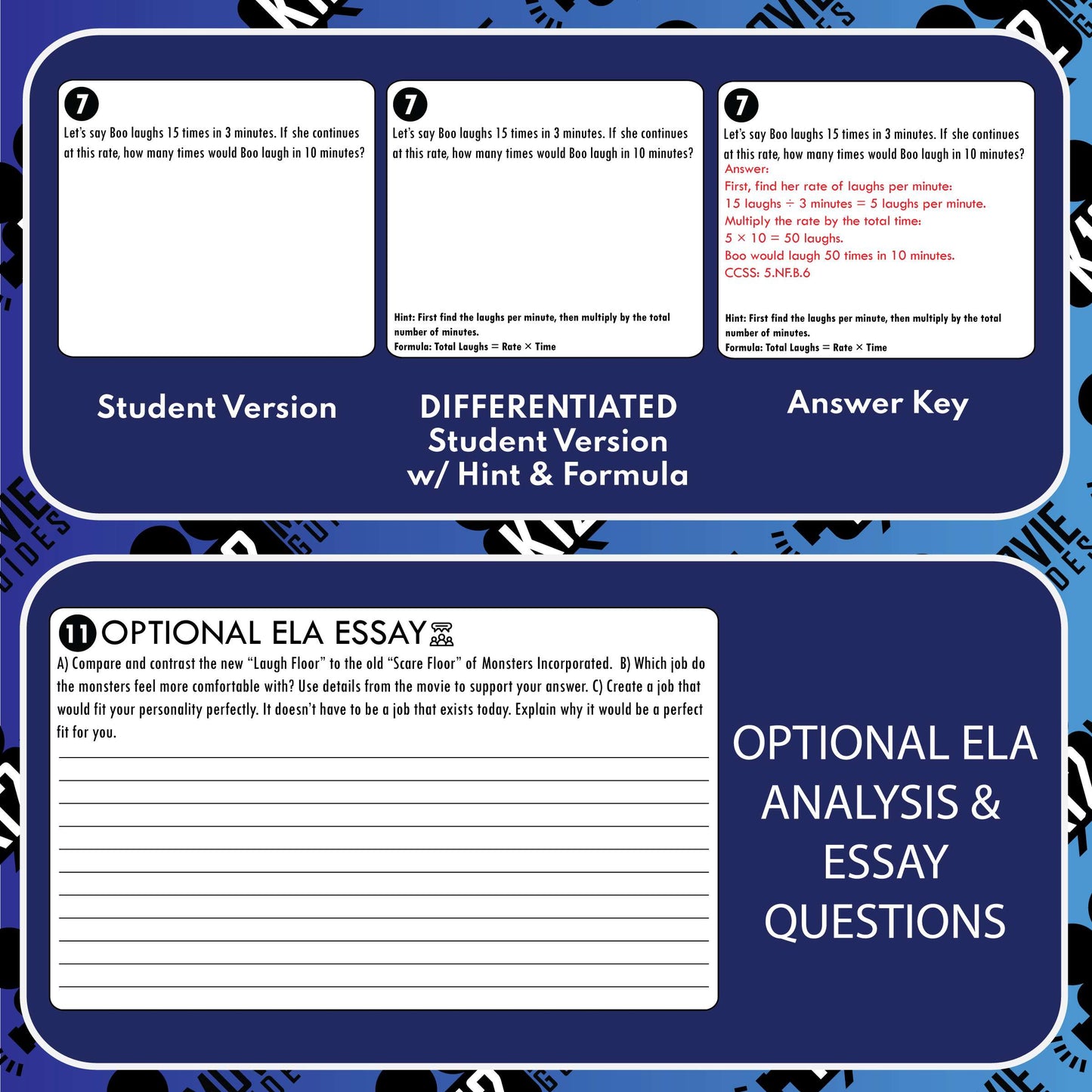 Monsters Inc Math Movie Guide Questions G3 to 5 Sample