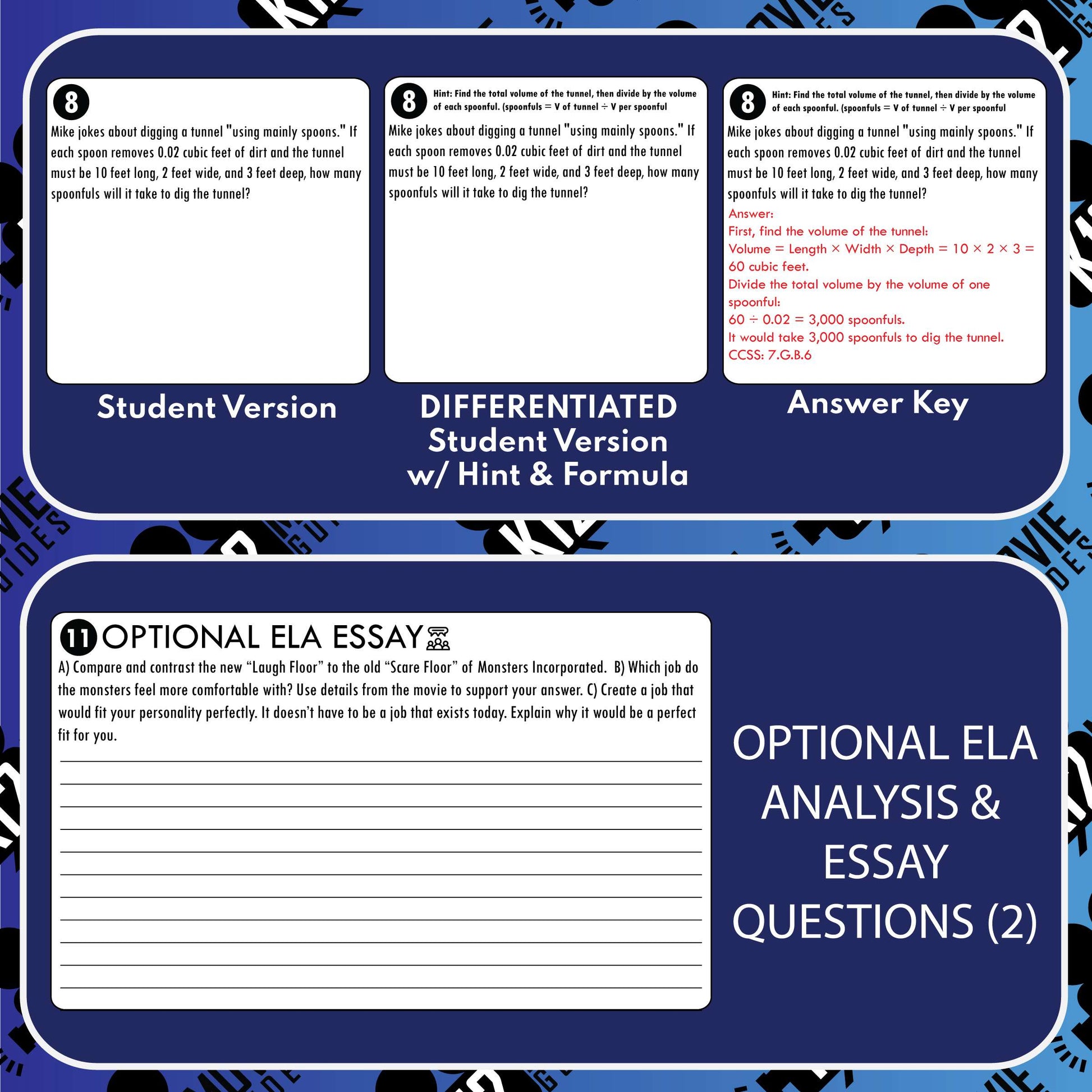 Monsters Inc Math Movie Guide Questions | Word Problems | Grades 6 to 8 Sample